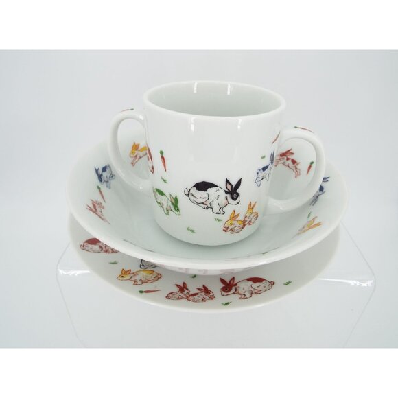Vintage 1984 Taitu Japan Ceramic 3-Piece Bunny Rabbit Set - Plate, Bowl, Cup - Picture 2 of 13